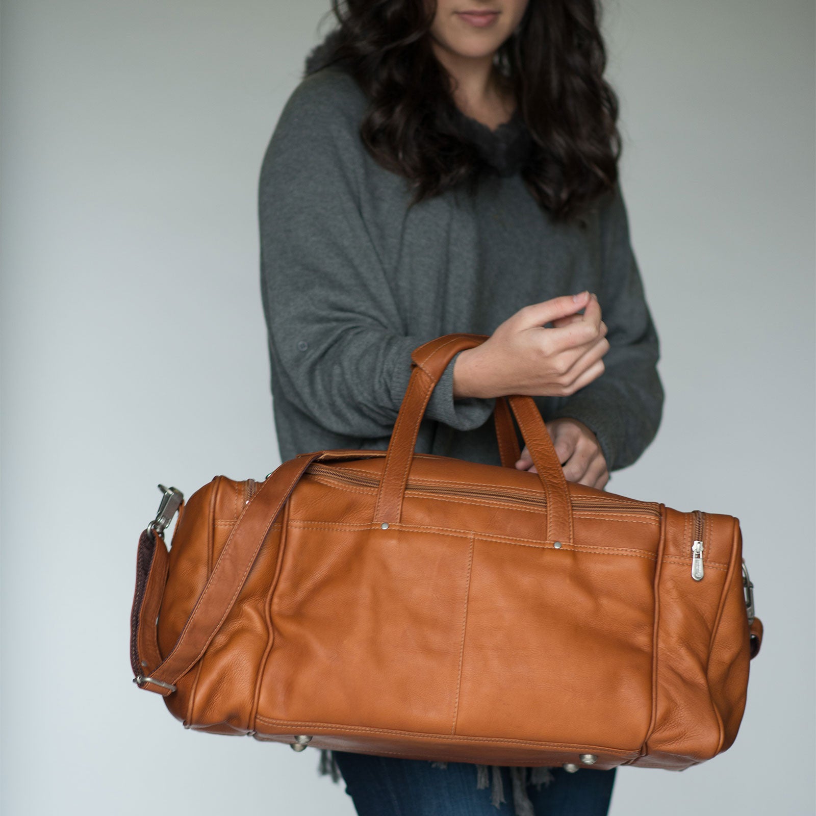 Leather duffle carry outlet on